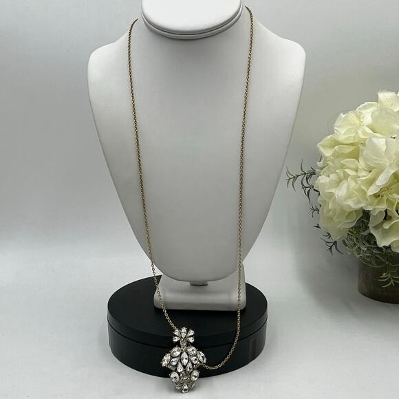 J. Crew Crystal Emblem Cluster Pendant Long Gold Tone Chain Necklace - Picture 2 of 9
